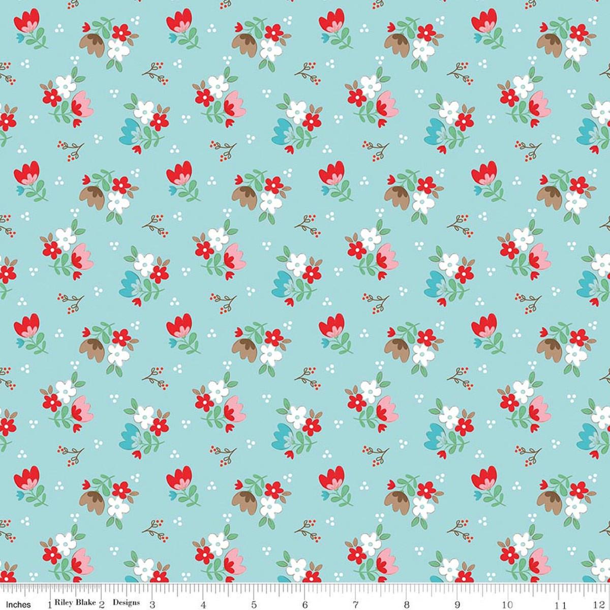 Image of Whimsical Woodland Floral Aqua quilting cotton fabric by Tasha Noel for Riley Blake Designs. Features flowers on a blue background. Cute Little Fabric Shop.