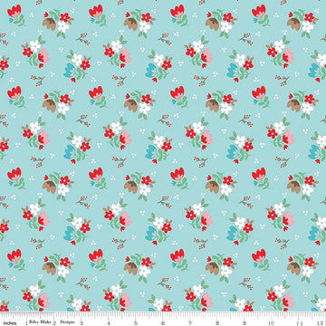 Image of Whimsical Woodland Floral Aqua quilting cotton fabric by Tasha Noel for Riley Blake Designs. Features flowers on a blue background. Cute Little Fabric Shop.