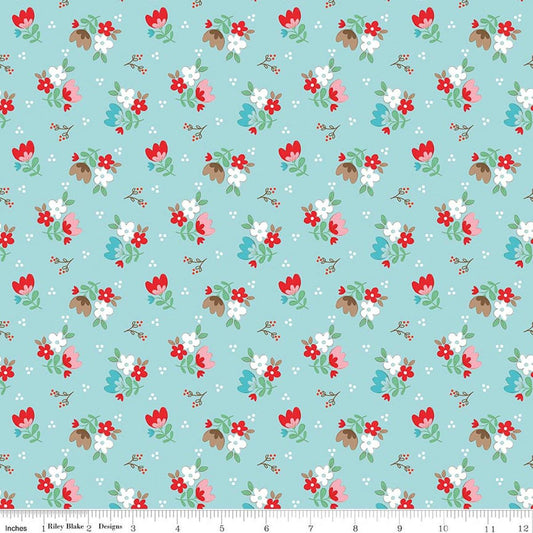 Image of Whimsical Woodland Floral Aqua quilting cotton fabric by Tasha Noel for Riley Blake Designs. Features flowers on a blue background. Cute Little Fabric Shop.