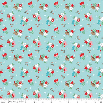 Image of Whimsical Woodland Floral Aqua quilting cotton fabric by Tasha Noel for Riley Blake Designs. Features flowers on a blue background. Cute Little Fabric Shop.