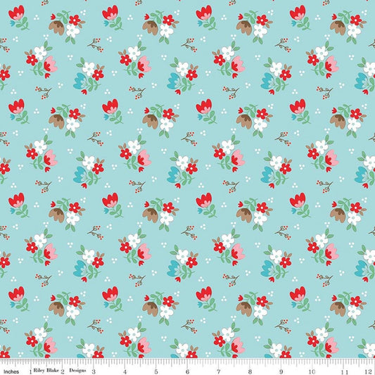 Image of Whimsical Woodland Floral Aqua quilting cotton fabric by Tasha Noel for Riley Blake Designs. Features flowers on a blue background. Cute Little Fabric Shop.