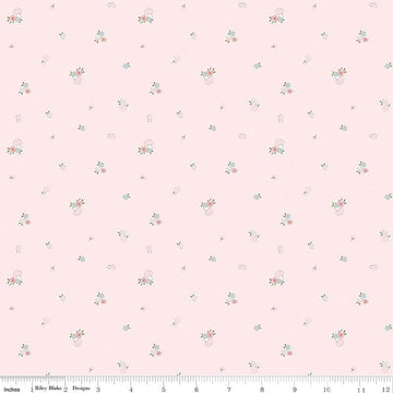 Image of Whimsical Woodland Mushrooms Pink quilting cotton fabric by Tasha Noel for Riley Blake Designs. Features flowers on a pink background. Cute Little Fabric Shop.