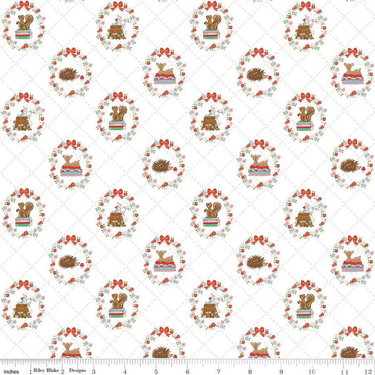 Image of Whimsical Woodland Animals White quilting cotton fabric by Tasha Noel for Riley Blake Designs. Features flowers on a white background. Cute Little Fabric Shop.