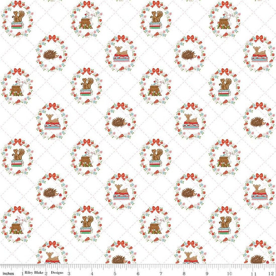 Image of Whimsical Woodland Animals White quilting cotton fabric by Tasha Noel for Riley Blake Designs. Features flowers on a white background. Cute Little Fabric Shop.