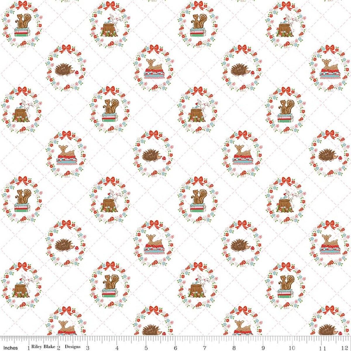Image of Whimsical Woodland Animals White quilting cotton fabric by Tasha Noel for Riley Blake Designs. Features flowers on a white background. Cute Little Fabric Shop.