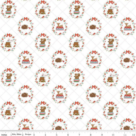 Image of Whimsical Woodland Animals White quilting cotton fabric by Tasha Noel for Riley Blake Designs. Features flowers on a white background. Cute Little Fabric Shop.