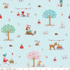Image of Whimsical Woodland Main Aqua quilting cotton fabric by Tasha Noel for Riley Blake Designs. Features woodland scenes on a blue background. Cute Little Fabric Shop.