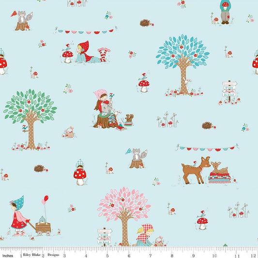 Image of Whimsical Woodland Main Aqua quilting cotton fabric by Tasha Noel for Riley Blake Designs. Features woodland scenes on a blue background. Cute Little Fabric Shop.