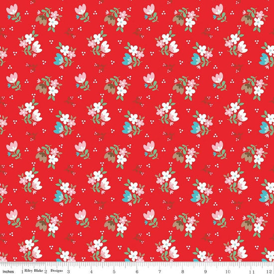 Image of Whimsical Woodland Floral Red quilting cotton fabric by Tasha Noel for Riley Blake Designs. Features flowers on a red background. Cute Little Fabric Shop.