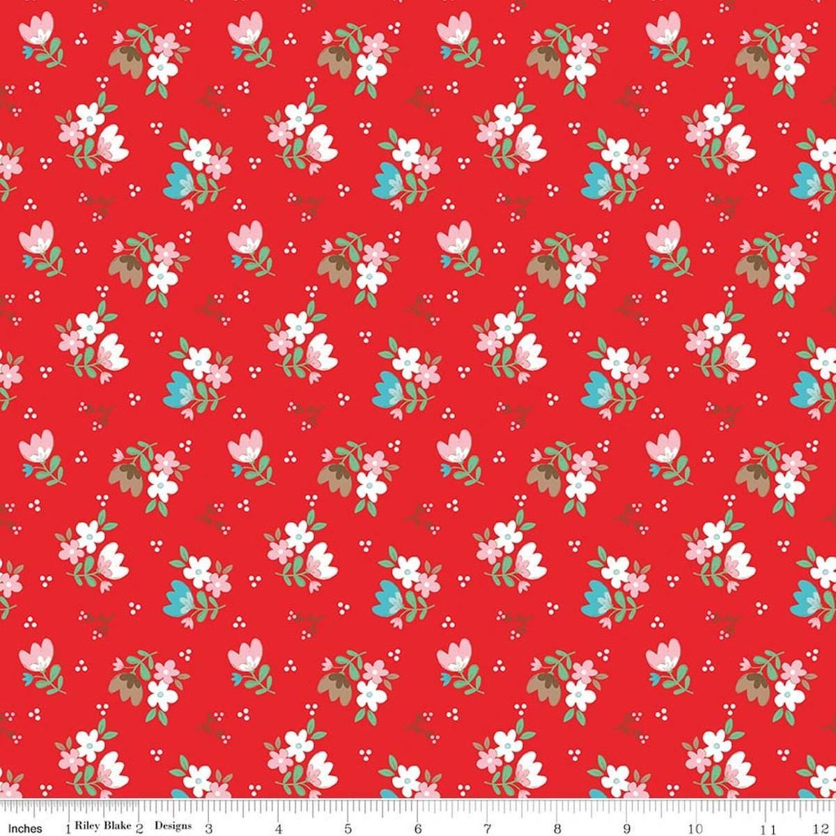 Image of Whimsical Woodland Floral Red quilting cotton fabric by Tasha Noel for Riley Blake Designs. Features flowers on a red background. Cute Little Fabric Shop.