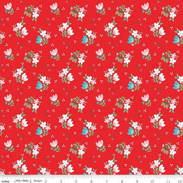 Image of Whimsical Woodland Floral Red quilting cotton fabric by Tasha Noel for Riley Blake Designs. Features flowers on a red background. Cute Little Fabric Shop.