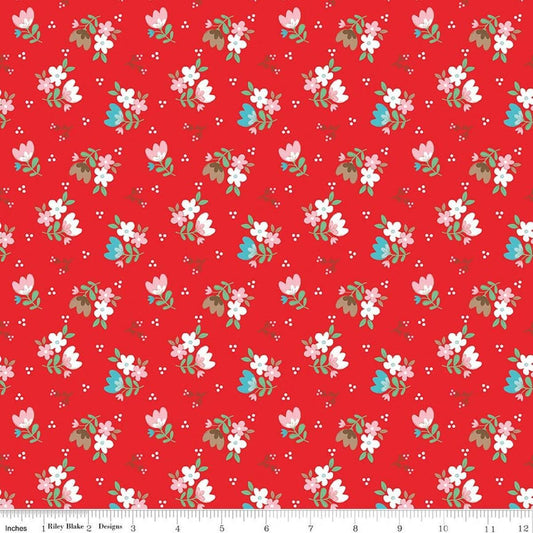 Image of Whimsical Woodland Floral Red quilting cotton fabric by Tasha Noel for Riley Blake Designs. Features flowers on a red background. Cute Little Fabric Shop.