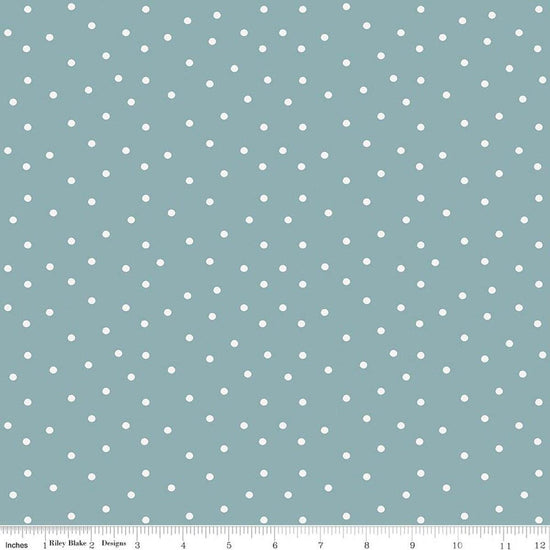 Image of Sketchbook Dots Dusty Blue quilting cotton fabric by Lisa Audit for RIley Blake Designs. Features polka dots on a blue background. Cute Little Fabric Shop.