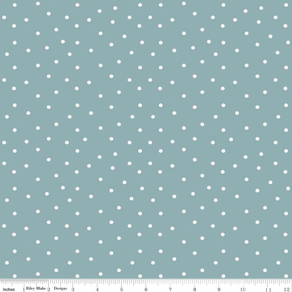 Image of Sketchbook Dots Dusty Blue quilting cotton fabric by Lisa Audit for RIley Blake Designs. Features polka dots on a blue background. Cute Little Fabric Shop.