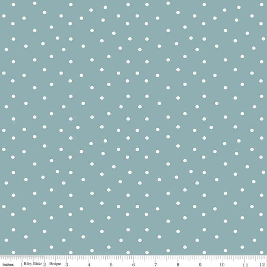 Image of Sketchbook Dots Dusty Blue quilting cotton fabric by Lisa Audit for RIley Blake Designs. Features polka dots on a blue background. Cute Little Fabric Shop.