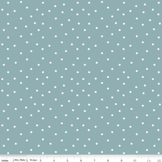 Image of Sketchbook Dots Dusty Blue quilting cotton fabric by Lisa Audit for RIley Blake Designs. Features polka dots on a blue background. Cute Little Fabric Shop.