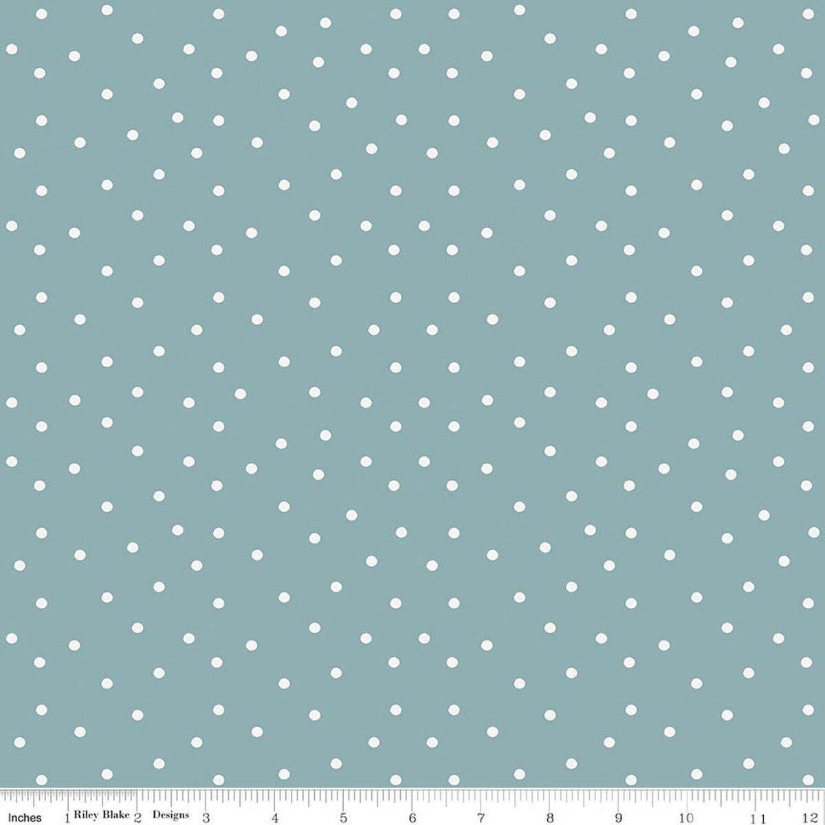 Image of Sketchbook Dots Dusty Blue quilting cotton fabric by Lisa Audit for RIley Blake Designs. Features polka dots on a blue background. Cute Little Fabric Shop.