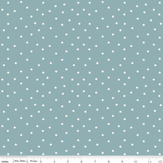 Image of Sketchbook Dots Dusty Blue quilting cotton fabric by Lisa Audit for RIley Blake Designs. Features polka dots on a blue background. Cute Little Fabric Shop.