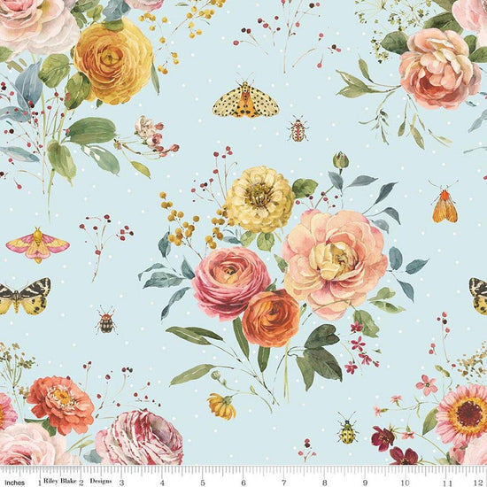 Image of Sketchbook Main Blue quilting cotton fabric by Lisa Audit for RIley Blake Designs. Features flowers on a blue background. Cute Little Fabric Shop.