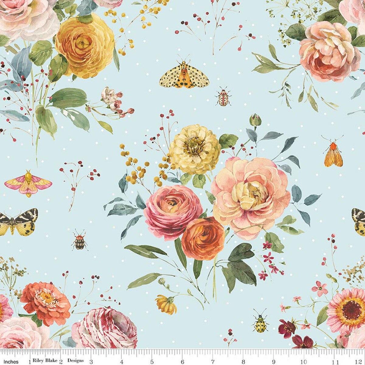 Image of Sketchbook Main Blue quilting cotton fabric by Lisa Audit for RIley Blake Designs. Features flowers on a blue background. Cute Little Fabric Shop.
