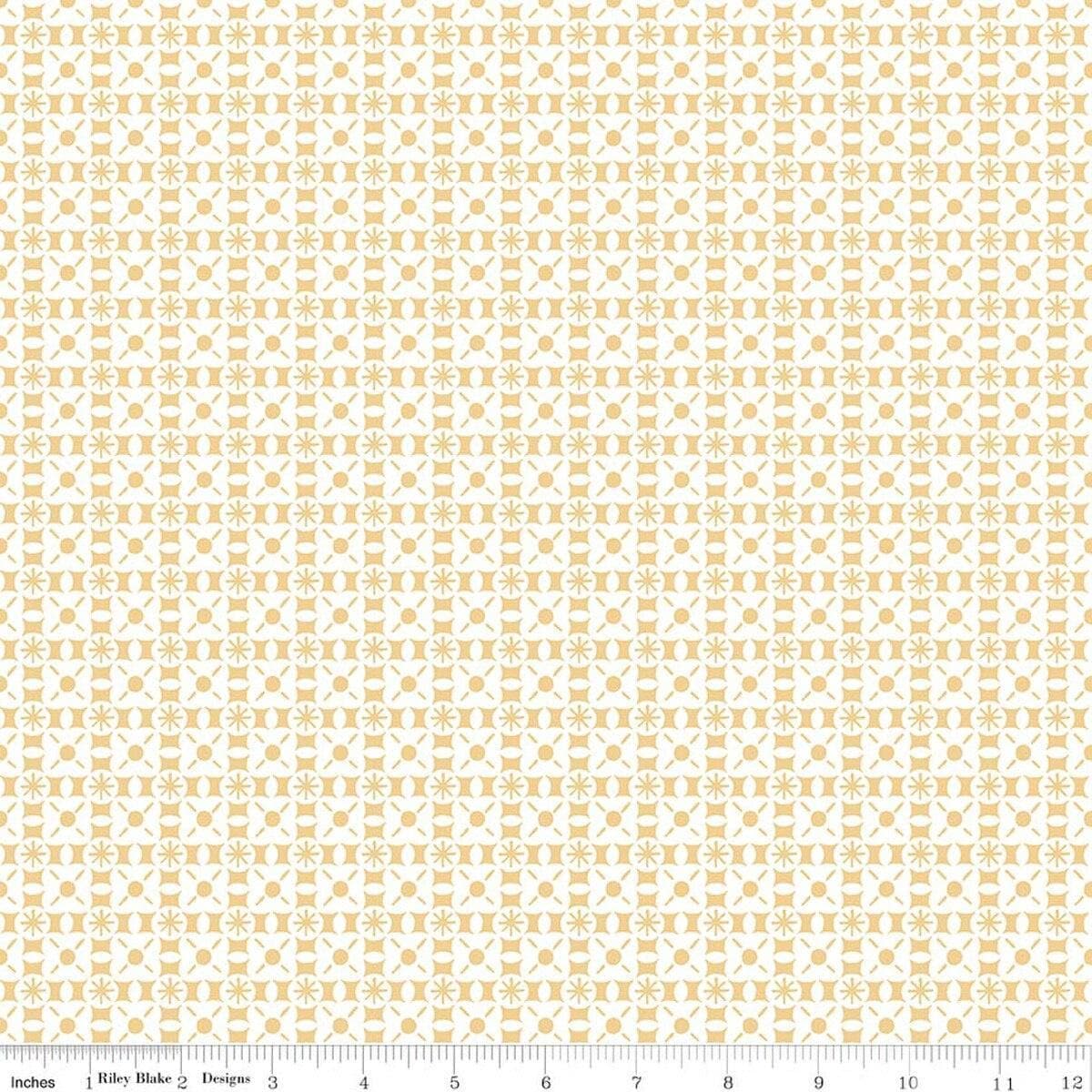 Image of Sketchbook Geo Sunny quilting cotton fabric by Lisa Audit for RIley Blake Designs. Features a geometric pattern on a yellow background. Cute Little Fabric Shop.