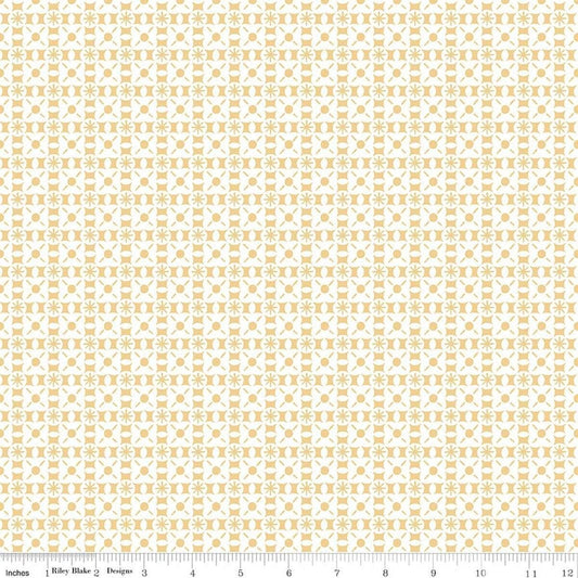 Image of Sketchbook Geo Sunny quilting cotton fabric by Lisa Audit for RIley Blake Designs. Features a geometric pattern on a yellow background. Cute Little Fabric Shop.