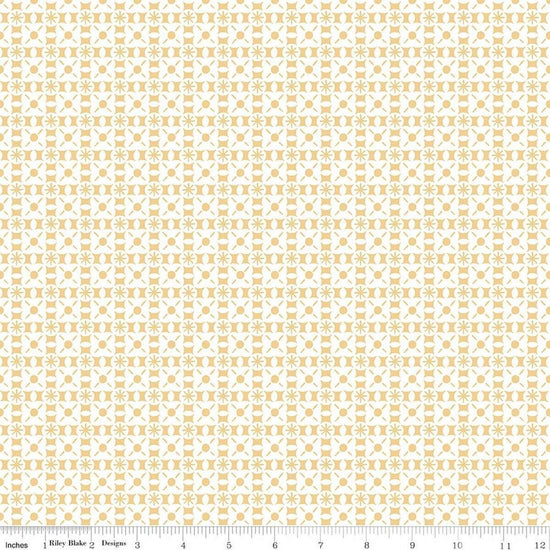 Image of Sketchbook Geo Sunny quilting cotton fabric by Lisa Audit for RIley Blake Designs. Features a geometric pattern on a yellow background. Cute Little Fabric Shop.