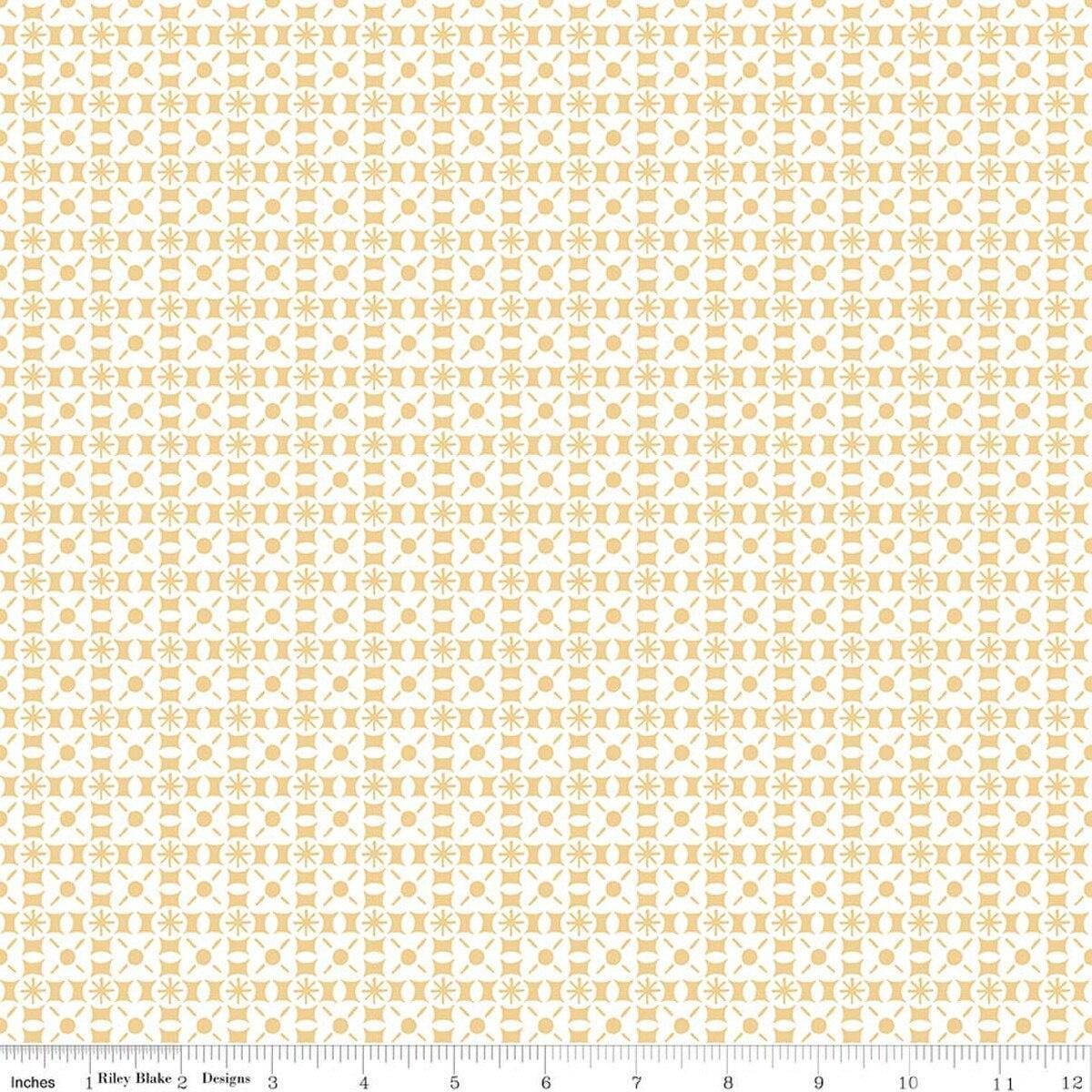 Image of Sketchbook Geo Sunny quilting cotton fabric by Lisa Audit for RIley Blake Designs. Features a geometric pattern on a yellow background. Cute Little Fabric Shop.