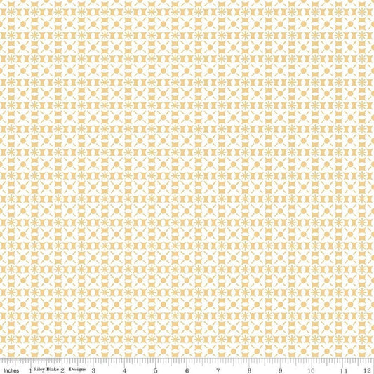 Image of Sketchbook Geo Sunny quilting cotton fabric by Lisa Audit for RIley Blake Designs. Features a geometric pattern on a yellow background. Cute Little Fabric Shop.