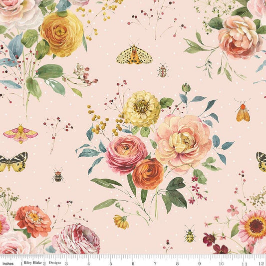 Image of Sketchbook Main Peachy quilting cotton fabric by Lisa Audit for RIley Blake Designs. Features flowers on a pink background. Cute Little Fabric Shop.