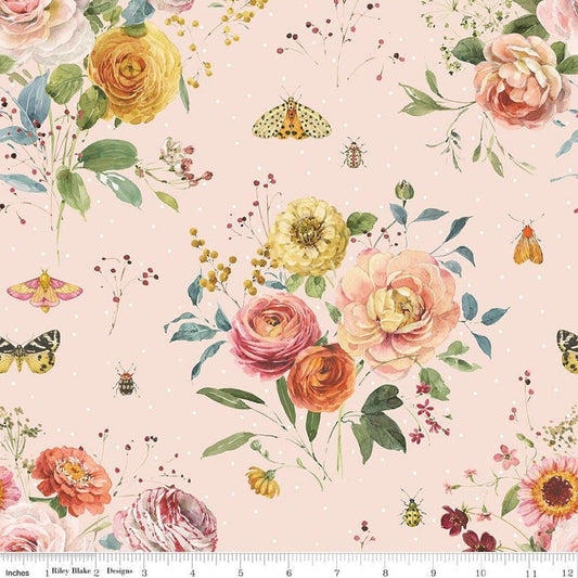 Image of Sketchbook Main Peachy quilting cotton fabric by Lisa Audit for RIley Blake Designs. Features flowers on a pink background. Cute Little Fabric Shop.