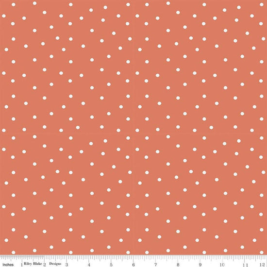 Image of Sketchbook Dots Ginger quilting cotton fabric by Lisa Audit for RIley Blake Designs. Features polka dots on an orange background. Cute Little Fabric Shop.