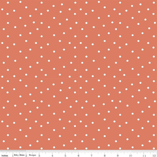 Image of Sketchbook Dots Ginger quilting cotton fabric by Lisa Audit for RIley Blake Designs. Features polka dots on an orange background. Cute Little Fabric Shop.