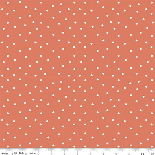 Image of Sketchbook Dots Ginger quilting cotton fabric by Lisa Audit for RIley Blake Designs. Features polka dots on an orange background. Cute Little Fabric Shop.