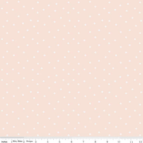 Image of Sketchbook Dots Peachy quilting cotton fabric by Lisa Audit for RIley Blake Designs. Features flowers on a pink background. Cute Little Fabric Shop.