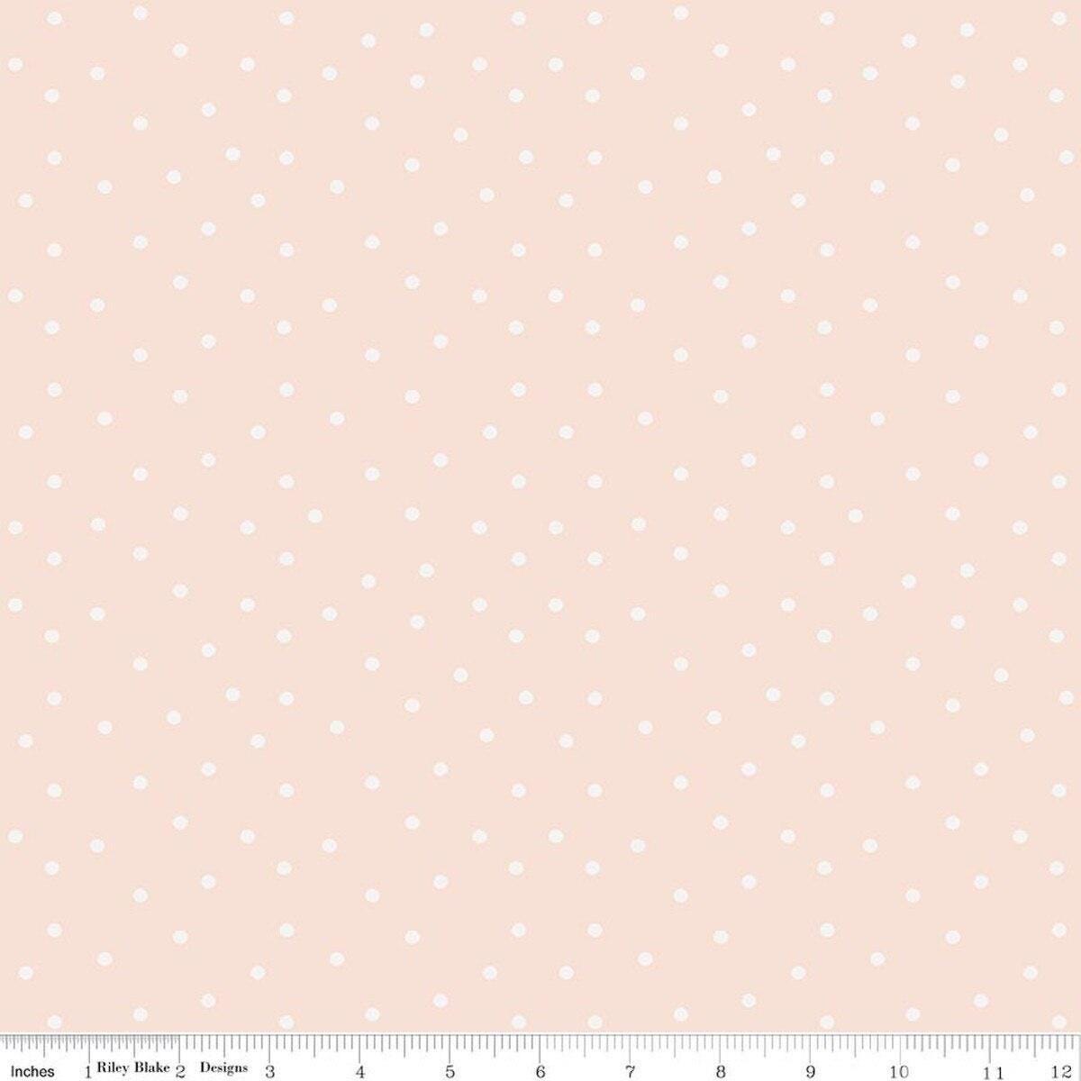 Image of Sketchbook Dots Peachy quilting cotton fabric by Lisa Audit for RIley Blake Designs. Features flowers on a pink background. Cute Little Fabric Shop.