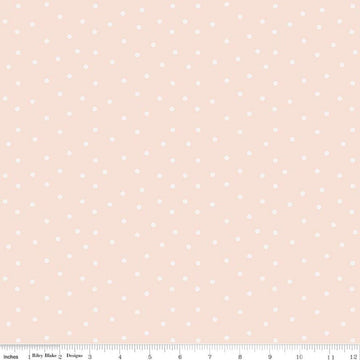 Image of Sketchbook Dots Peachy quilting cotton fabric by Lisa Audit for RIley Blake Designs. Features flowers on a pink background. Cute Little Fabric Shop.
