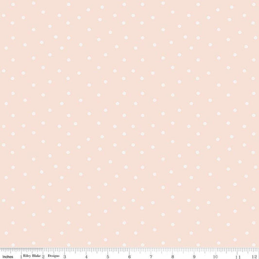 Image of Sketchbook Dots Peachy quilting cotton fabric by Lisa Audit for RIley Blake Designs. Features flowers on a pink background. Cute Little Fabric Shop.