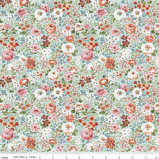 Image of Sketchbook Flower Garden Blue quilting cotton fabric by Lisa Audit for RIley Blake Designs. Features flowers on a blue background. Cute Little Fabric Shop.