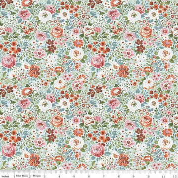 Image of Sketchbook Flower Garden Blue quilting cotton fabric by Lisa Audit for RIley Blake Designs. Features flowers on a blue background. Cute Little Fabric Shop.