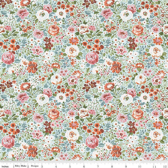 Image of Sketchbook Flower Garden Blue quilting cotton fabric by Lisa Audit for RIley Blake Designs. Features flowers on a blue background. Cute Little Fabric Shop.