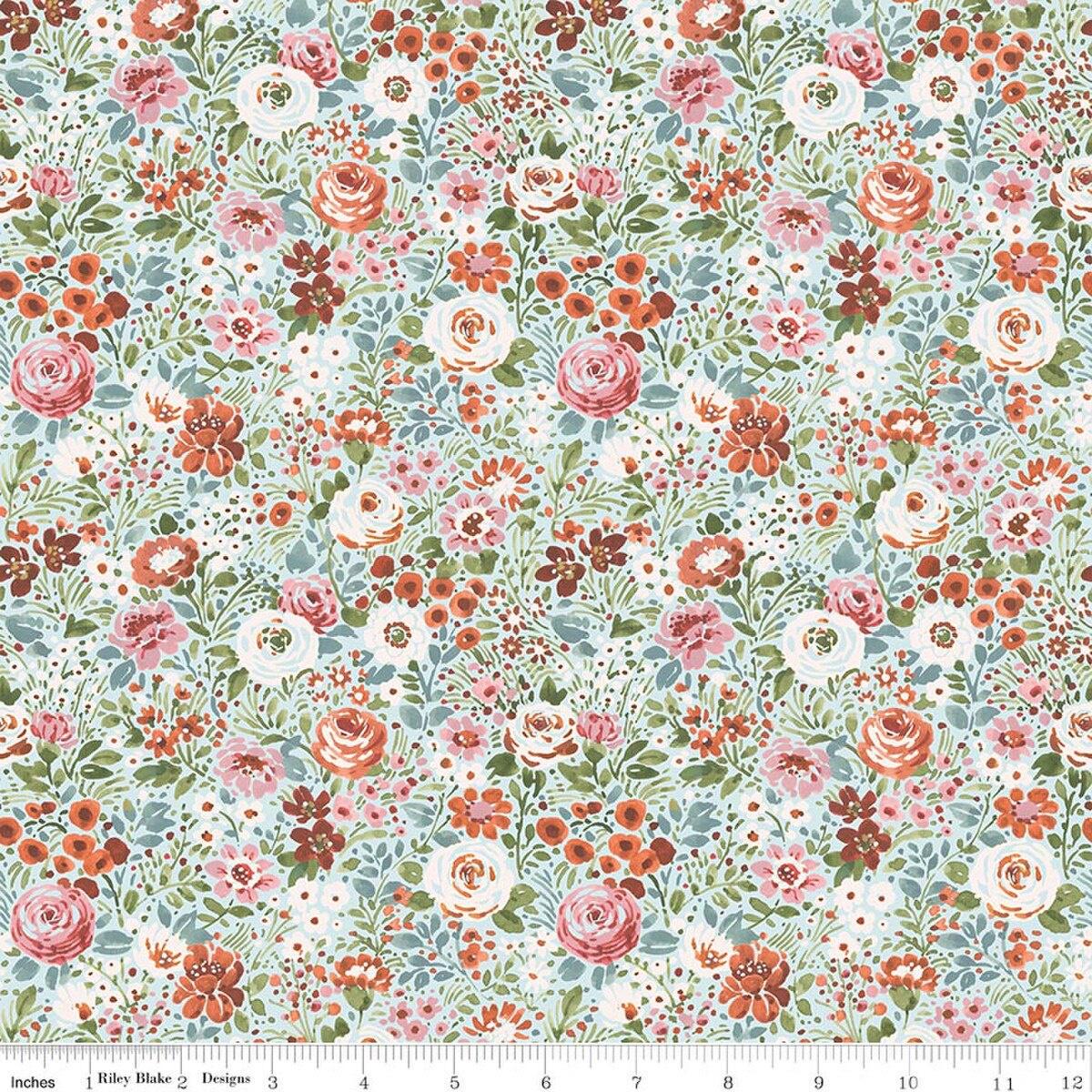 Image of Sketchbook Flower Garden Blue quilting cotton fabric by Lisa Audit for RIley Blake Designs. Features flowers on a blue background. Cute Little Fabric Shop.