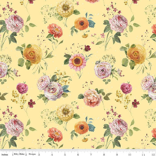 Image of Sketchbook Stems Sunny quilting cotton fabric by Lisa Audit for RIley Blake Designs. Features flowers on a yellow background. Cute Little Fabric Shop.