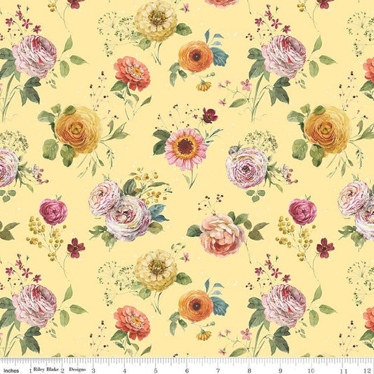 Image of Sketchbook Stems Sunny quilting cotton fabric by Lisa Audit for RIley Blake Designs. Features flowers on a yellow background. Cute Little Fabric Shop.