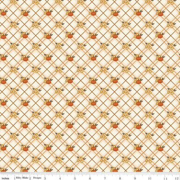 Image of Bountiful Pumpkin Plaid Cream quilting cotton fabric by Sandy Gervais for Riley Blake Designs. Features pumpkins and plaid on a cream background. Cute Little Fabric Shop.