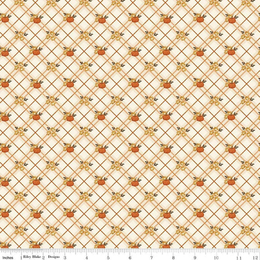 Image of Bountiful Pumpkin Plaid Cream quilting cotton fabric by Sandy Gervais for Riley Blake Designs. Features pumpkins and plaid on a cream background. Cute Little Fabric Shop.