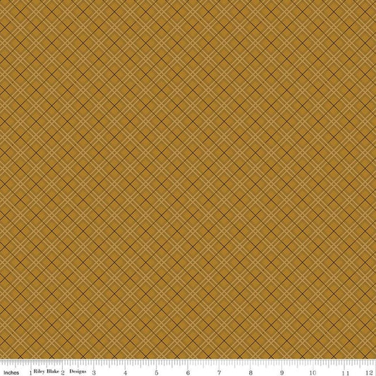 Image of Bountiful Plaid Butterscotch quilting cotton fabric by Sandy Gervais for Riley Blake Designs. Features plaid on a brown background. Cute Little Fabric Shop.