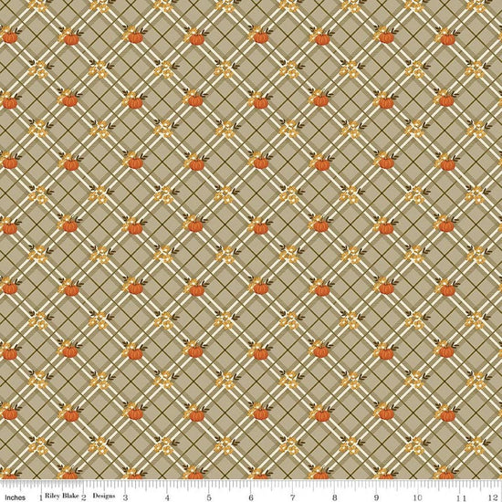 Image of Bountiful Pumpkin Plaid Sage quilting cotton fabric by Sandy Gervais for Riley Blake Designs. Features plaid on a gray background. Cute Little Fabric Shop.
