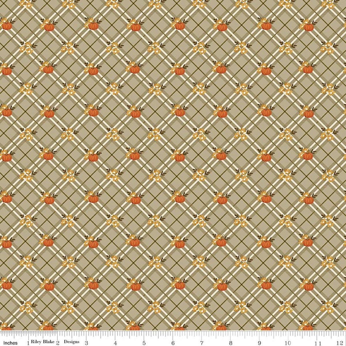 Image of Bountiful Pumpkin Plaid Sage quilting cotton fabric by Sandy Gervais for Riley Blake Designs. Features plaid on a gray background. Cute Little Fabric Shop.