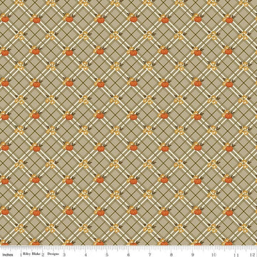 Image of Bountiful Pumpkin Plaid Sage quilting cotton fabric by Sandy Gervais for Riley Blake Designs. Features plaid on a gray background. Cute Little Fabric Shop.